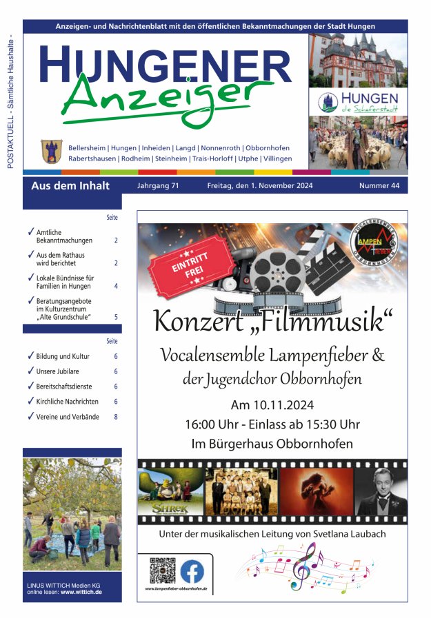 Anzeigen- und Nachrichtenblatt mit den öff  Bekanntmachungen der Stadt Hungen Titelblatt 44/2024