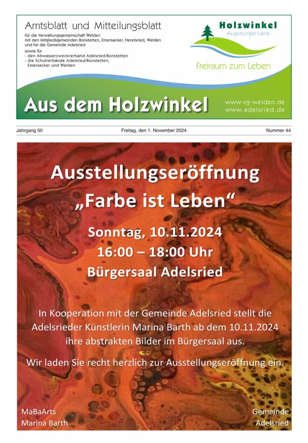 Aus dem Holzwinkel Amtsblatt u Mitteilungsblatt f VG Welden u GemAdelsried Titelblatt 44/2024