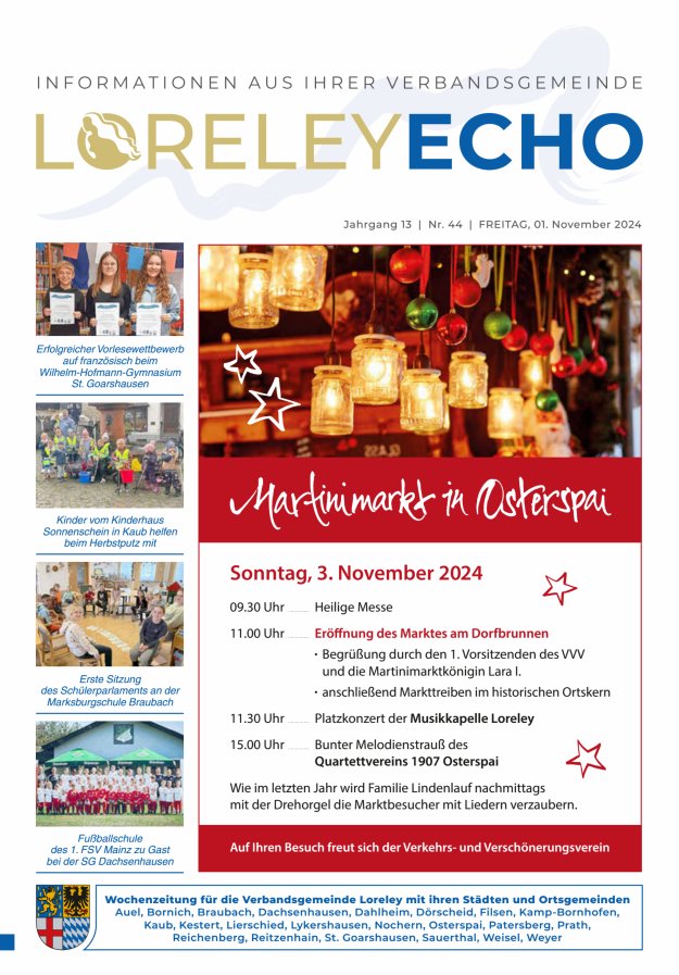 Loreley-Echo - Mitteilungsblatt der Verbandsgemeinde Loreley (Braubach) Titelblatt 44/2024