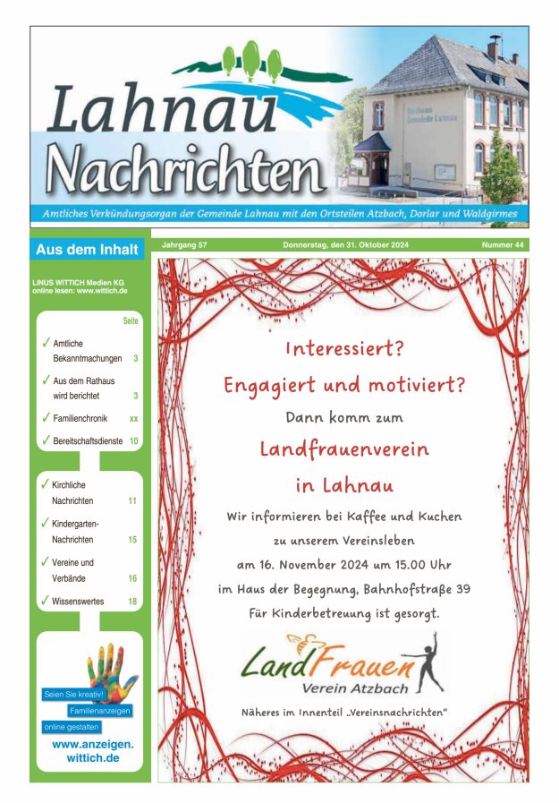Lahnau Nachrichten Titelblatt 44/2024