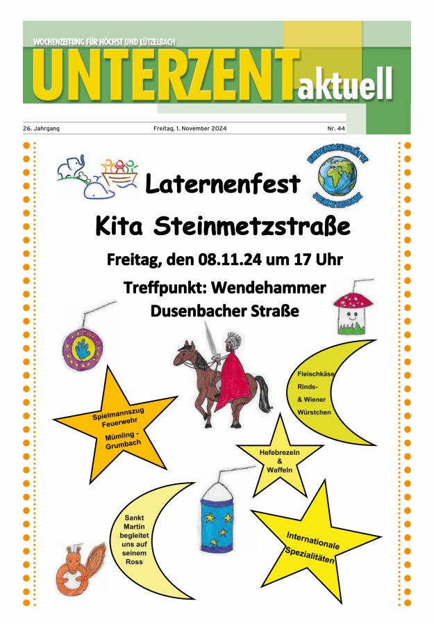 Unterzent aktuell Wochenzeitung für Höchst und Lützelbach Titelblatt 44/2024