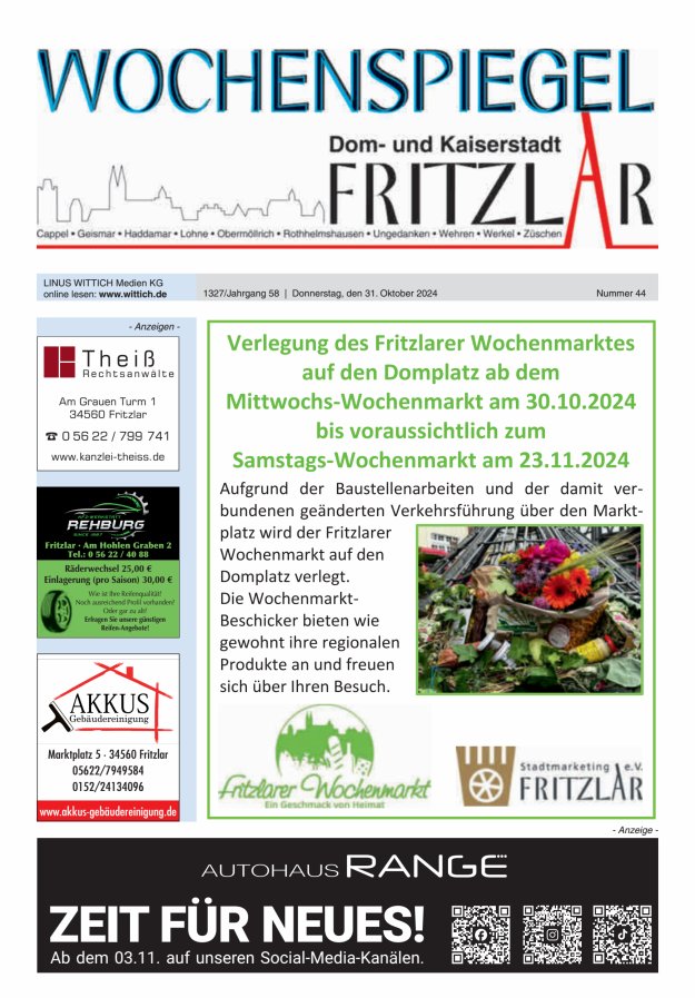 Wochenspiegel Dom- und Kaiserstadt Fritzlar Titelblatt 44/2024