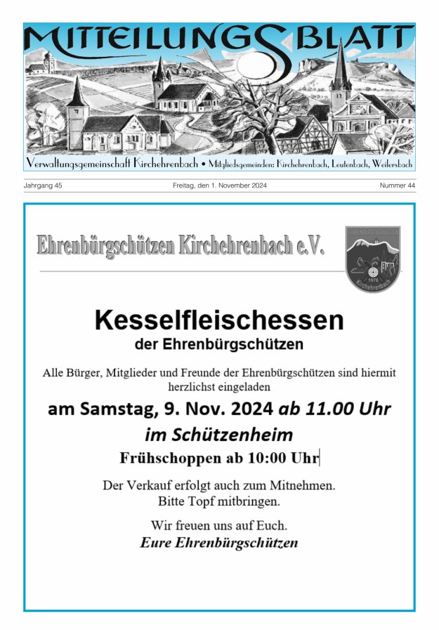 Mitteilungsblatt Verwaltungsgemeinschaft Kirchehrenbach Titelblatt 44/2024