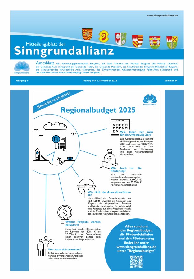 Mitteilungsblatt der Sinngrundallianz Titelblatt 44/2024