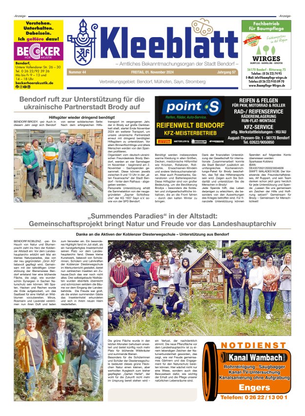 Kleeblatt - Amtliches Bekanntmachungsorgan der Stadt Bendorf Titelblatt 44/2024