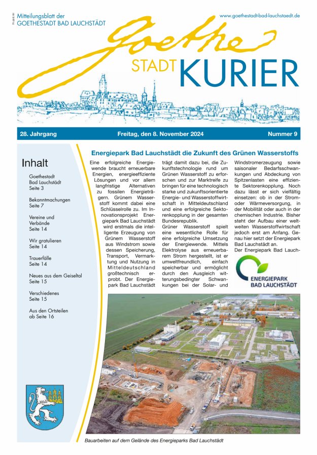 Goethestadt Kurier - Mitteilungsblatt der Goethestadt Bad Lauchstädt Titelblatt 09/2024