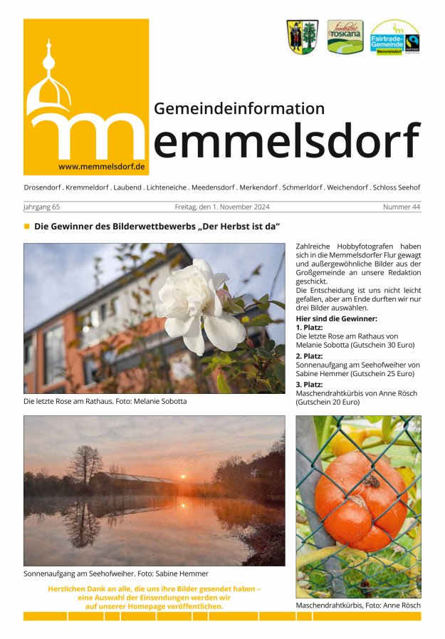 Mitteilungsblatt der Gemeinde Memmelsdorf Titelblatt 44/2024