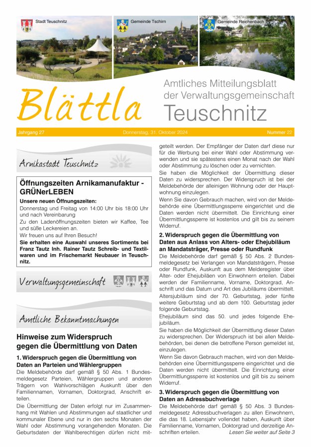 VG-Nachrichten Teuschnitz Titelblatt 22/2024