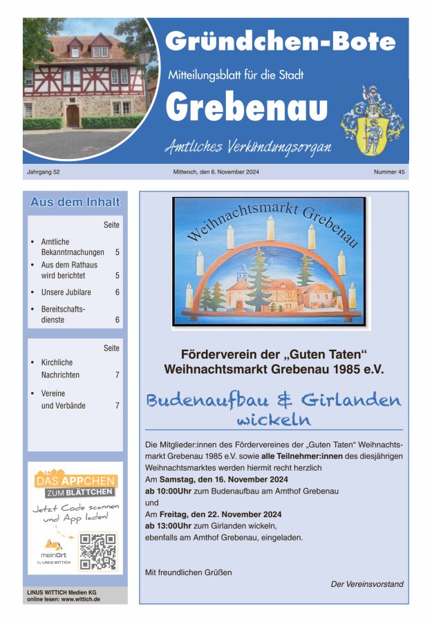 Grebenau - Gründchen Bote - Mitteilungsblatt für die Stadt Grebenau Titelblatt 45/2024