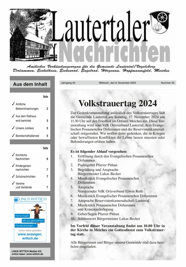 Lautertaler Nachrichten Titelblatt 45/2024