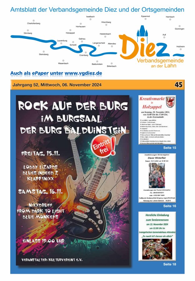 Mitteilungsblatt der Verbandsgemeinde Diez und der Ortsgemeinden Titelblatt 45/2024