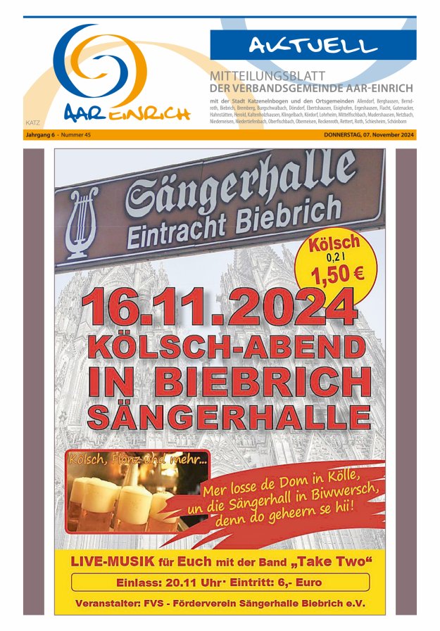Mitteilungsblatt der Verbandsgemeinde Aar-Einrich Ausgabe Katzenelnbogen Titelblatt 45/2024