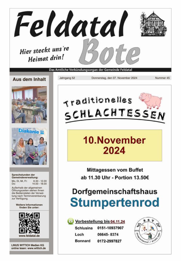 Das Amtliche Verkündungsorgan der Gemeinde Feldatal Titelblatt 45/2024