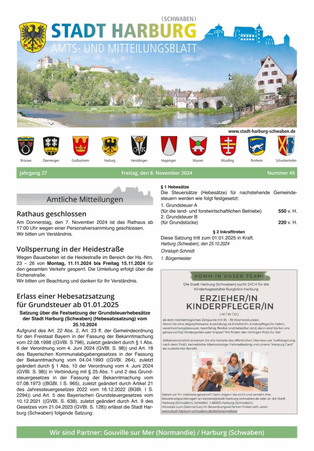 Amts- und Mitteilungsblatt der Stadt Harburg Titelblatt 45/2024