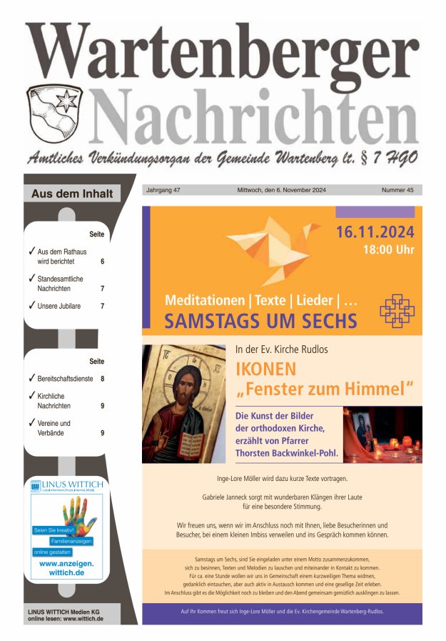 Wartenberger Nachrichten Titelblatt 45/2024