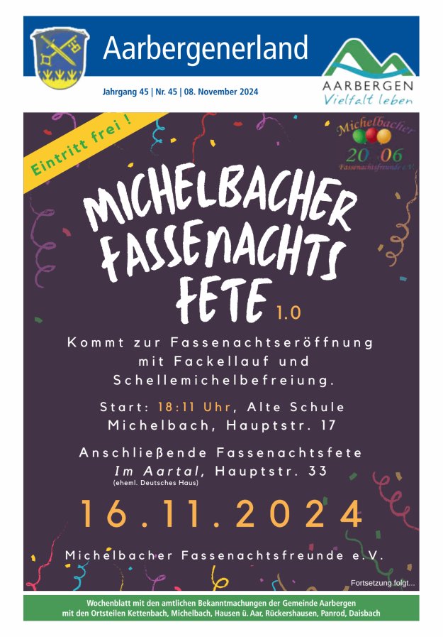 Aarbergenerland - Wochenblatt mit den amtlichen Bekanntmachungen Titelblatt 45/2024