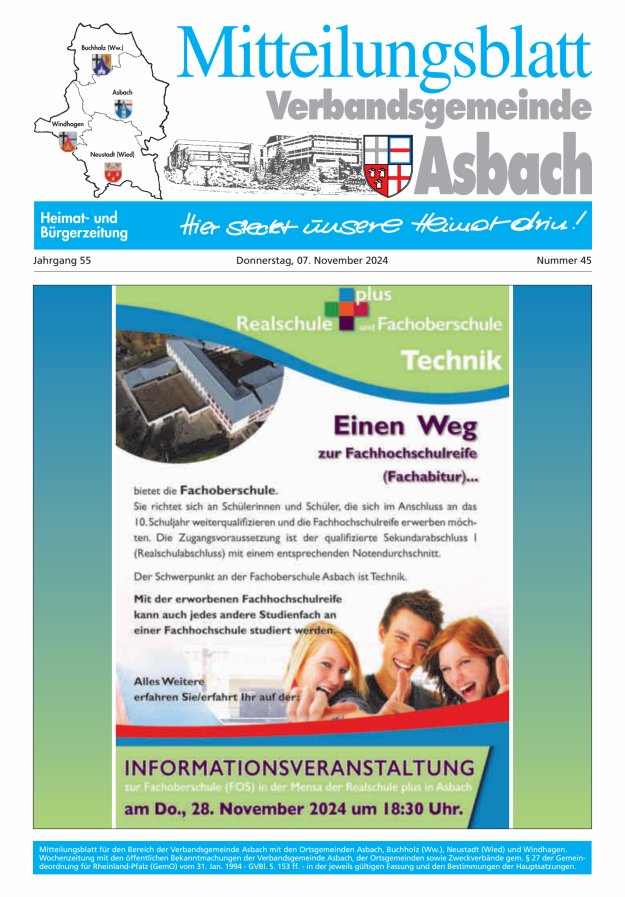 Mitteilungsblatt Verbandsgemeinde Asbach Titelblatt 45/2024