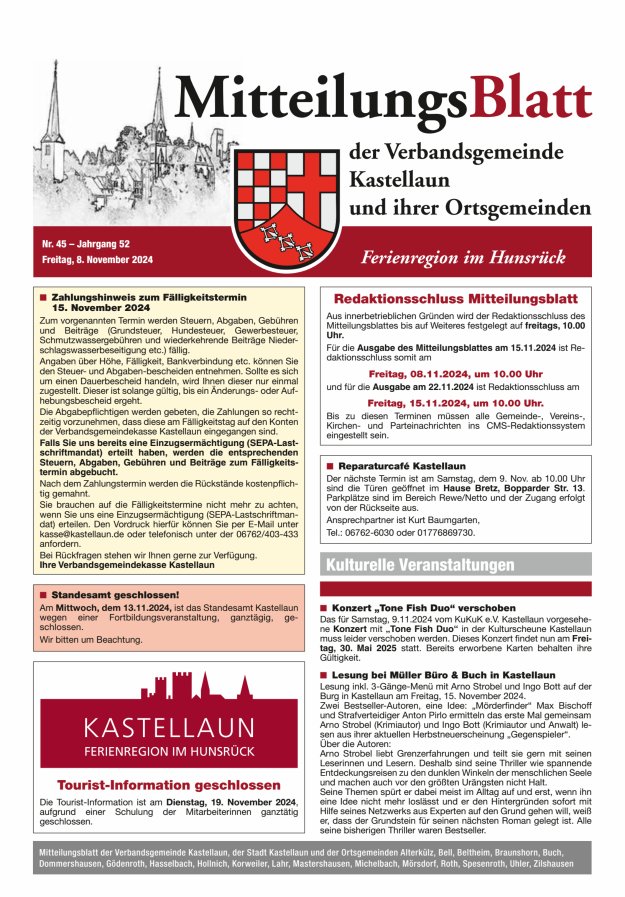 Mitteilungsblatt Kastellaun Titelblatt 45/2024