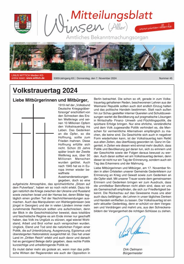 Mitteilungsblatt der Gemeinde Winsen Titelblatt 45/2024