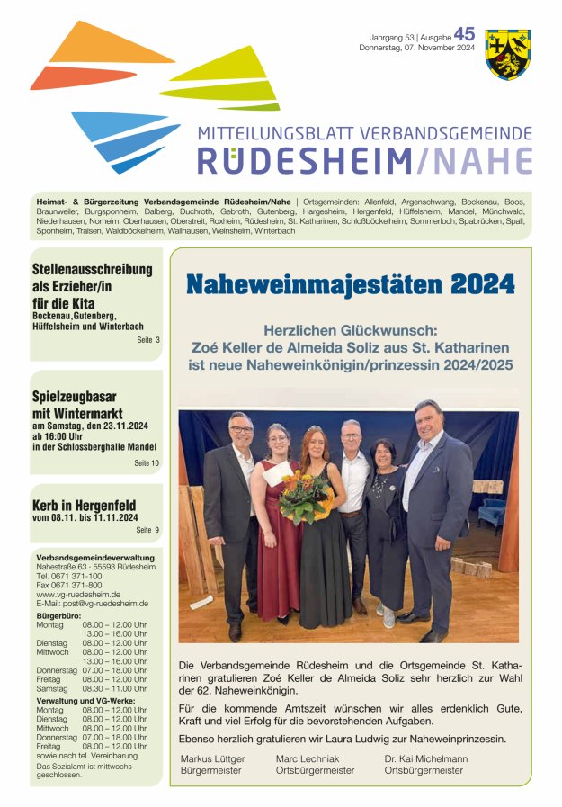 Mitteilungsblatt Verbandsgemeinde Rüdesheim und zugehörige Ortsgemeinden Titelblatt 45/2024