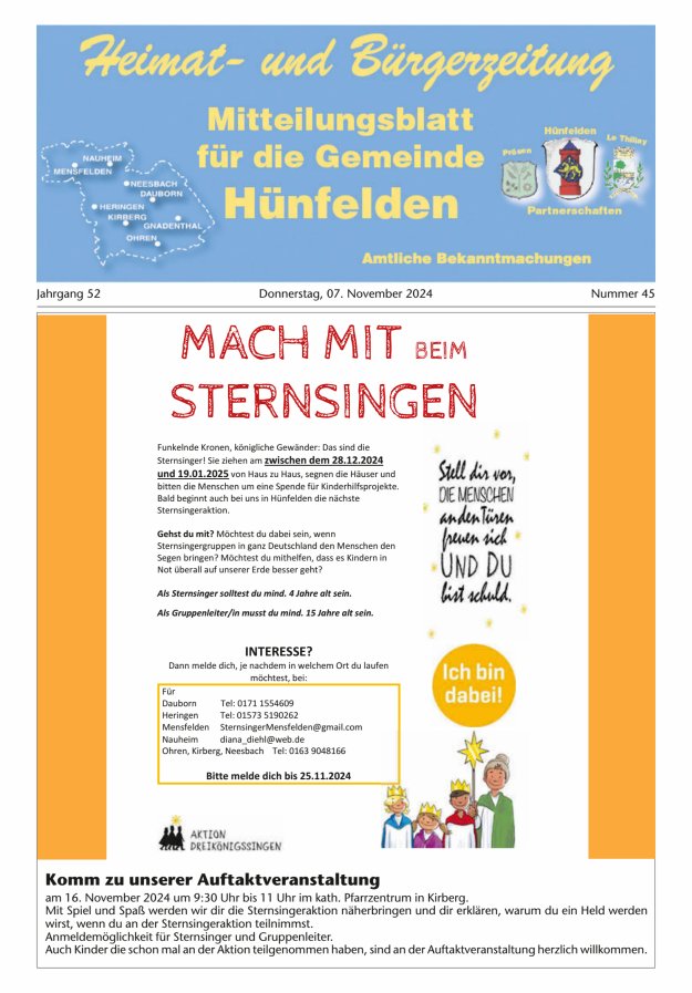 Mitteilungsblatt für die Gemeinde Hünfelden Titelblatt 45/2024