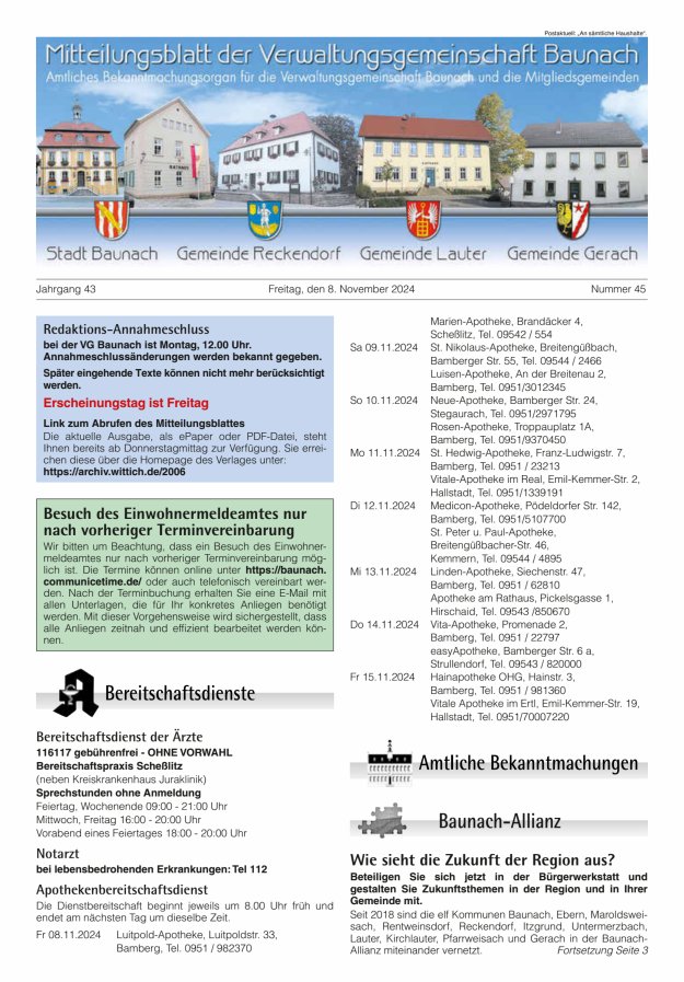 Mitteilungsblatt Verwaltungsgemeinschaft Baunach Titelblatt 45/2024