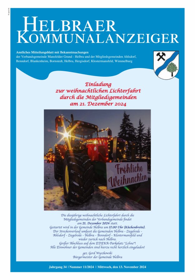 Helbraer Kommunalanzeiger – Amtliches Mitteilungsblatt mit Bekanntmachungen Titelblatt 11/2024