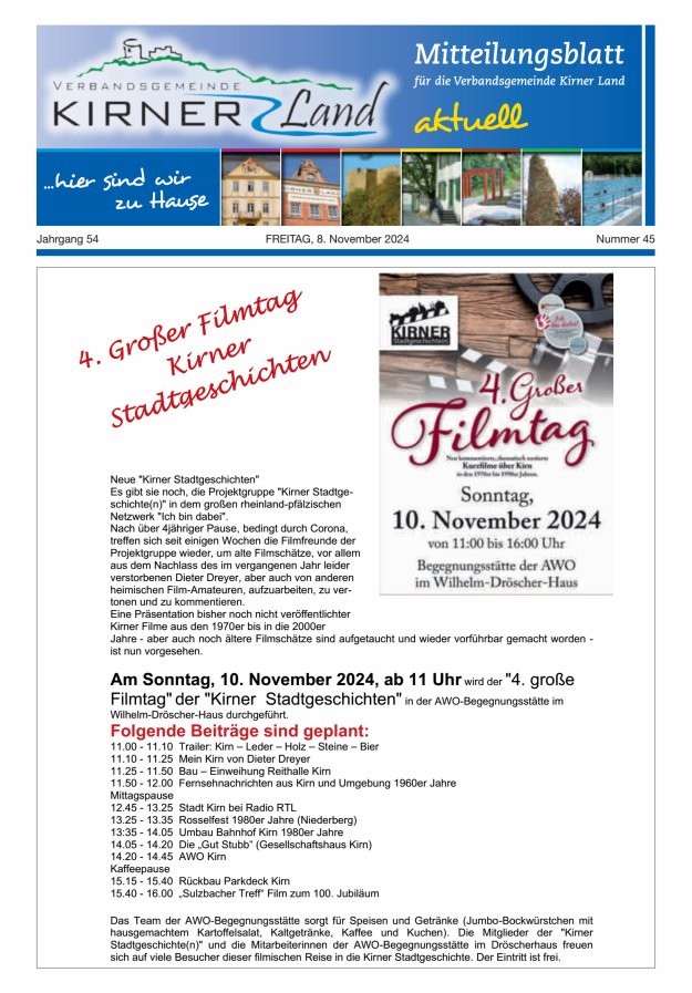 Mitteilungsblatt für den Bereich der Verbandsgemeinde Kirner Land Titelblatt 45/2024
