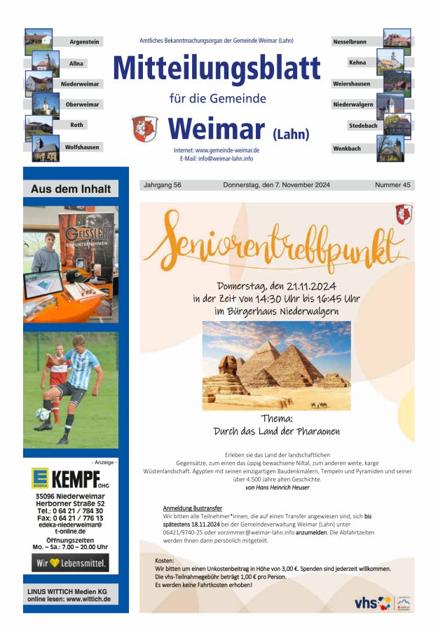 Mitteilungsblatt für die Gemeinde Weimar Titelblatt 45/2024