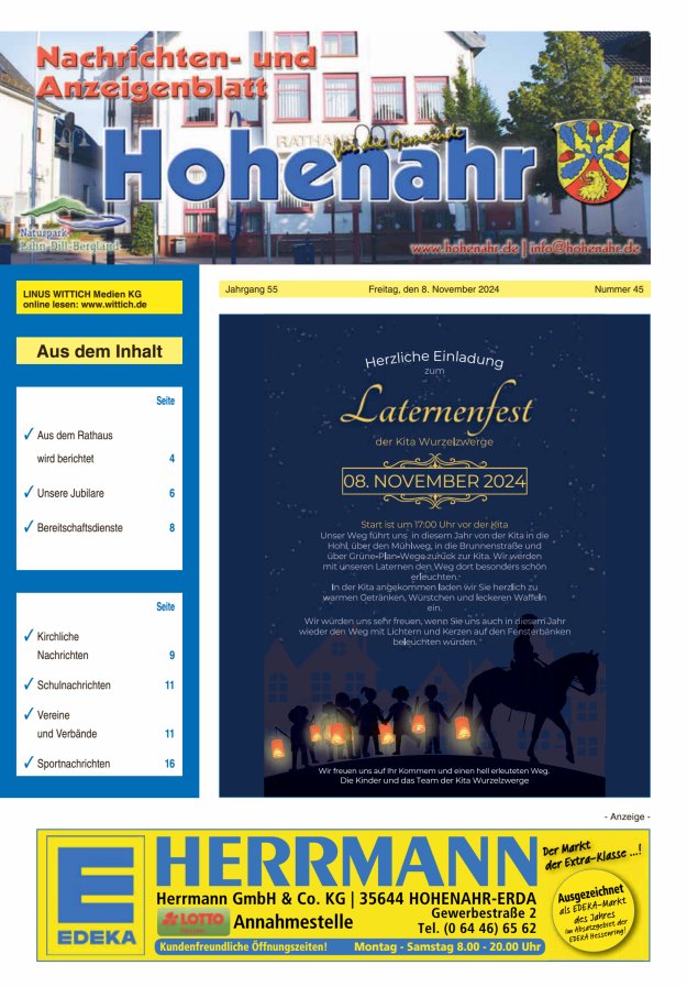Nachrichten- und Anzeigenblatt für die Gemeinde Hohenahr Titelblatt 45/2024