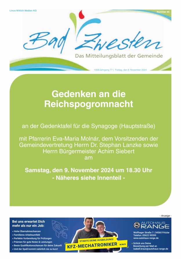 Heimatzeitung Bad Zwesten Titelblatt 45/2024