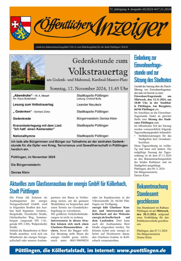 Öffentlicher Anzeiger - Stadt Püttlingen Titelblatt 45/2024