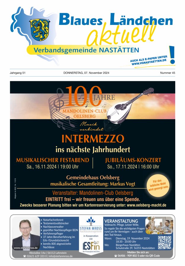 Blaues Ländchen aktuell - Heimat- u Bürgerzeitung VG Nastätten Titelblatt 45/2024