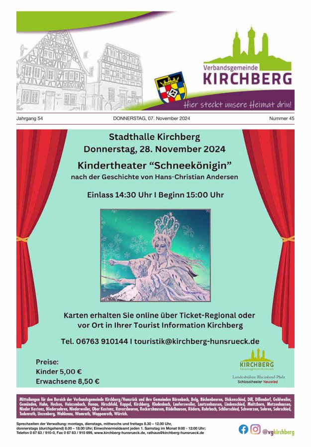 Mitteilungen der Verbandsgemeinde Kirchberg Hunsrück Titelblatt 45/2024