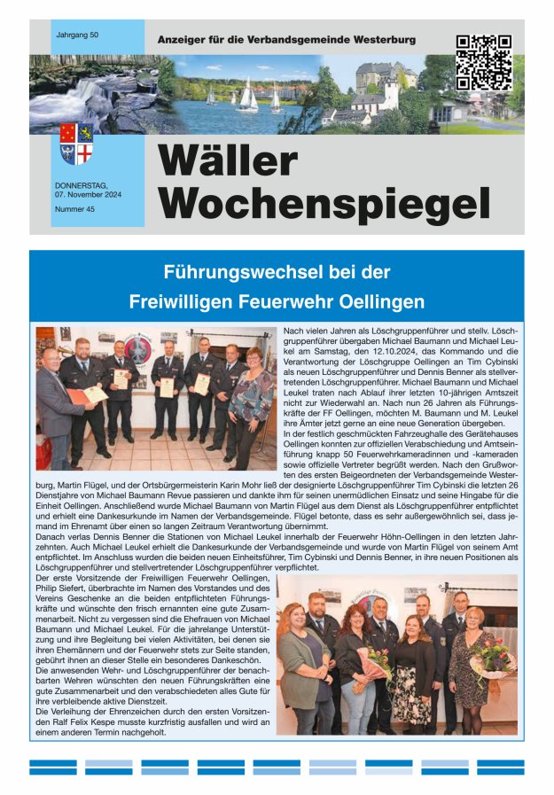 Wäller Wochenspiegel - Anzeiger für die Verbandsgemeinde Westerburg Titelblatt 45/2024