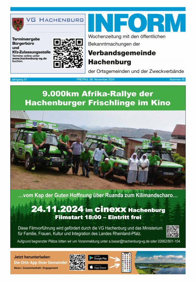 INFORM - Wochenzeitung der Verbandsgemeinde Hachenburg Titelblatt 45/2024