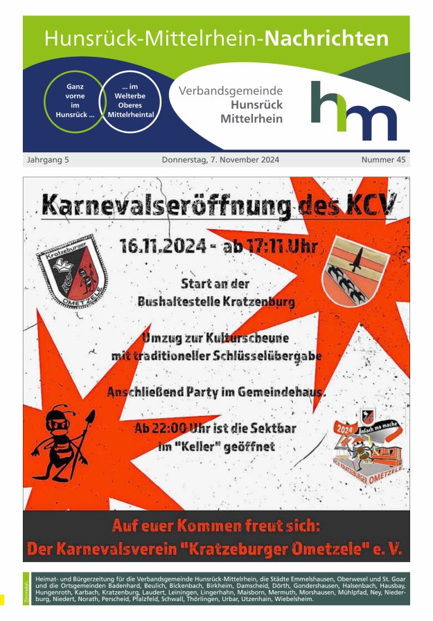 Hunsrück-Mittelrhein Nachrichten Ausgabe Emmelshausen Titelblatt 45/2024