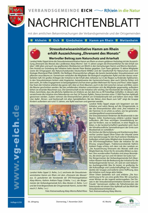 Nachrichtenblatt der VG Eich Titelblatt 45/2024
