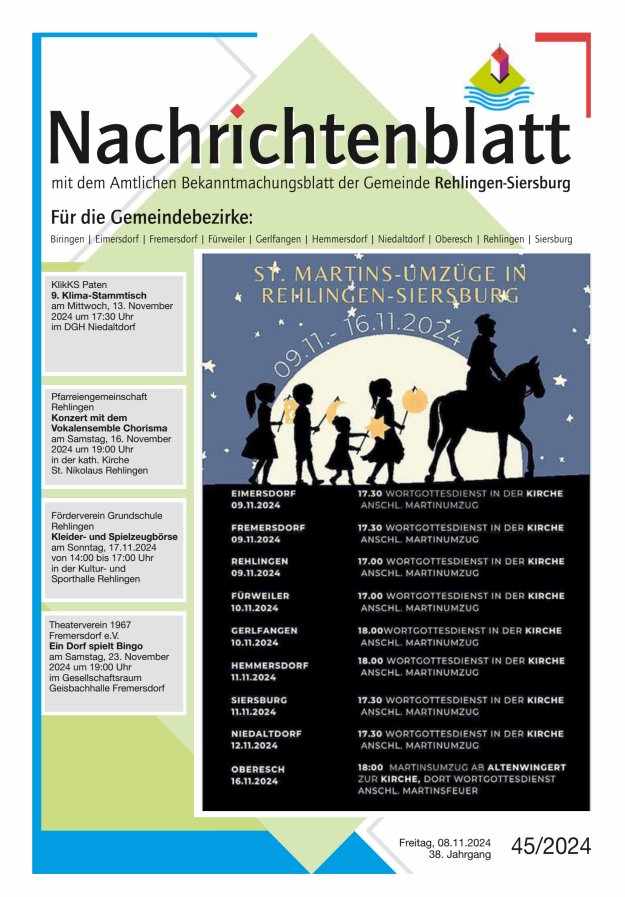 Nachrichtenblatt Rehlingen-Siersburg Titelblatt 45/2024