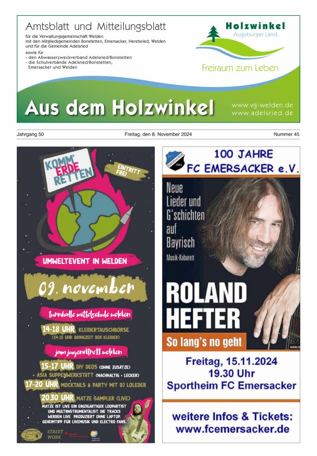 Aus dem Holzwinkel Amtsblatt u Mitteilungsblatt f VG Welden u GemAdelsried Titelblatt 45/2024