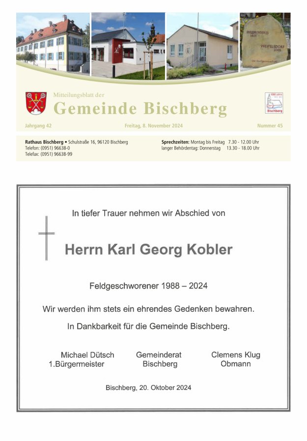 Mitteilungsblatt der Gemeinde Bischberg Titelblatt 45/2024