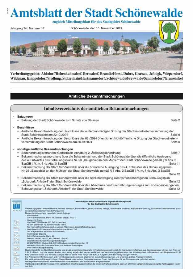 Amtsblatt der Stadt Schönewalde - Mitteilungsblatt für das Stadtgebiet Titelblatt 12/2024
