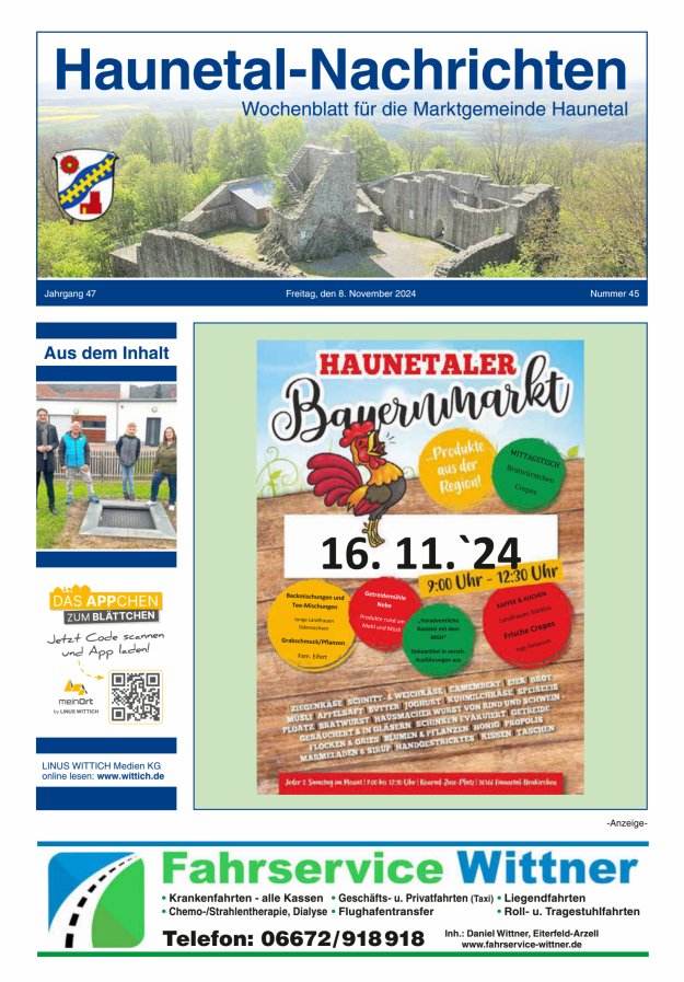 Haunetal-Nachrichten Titelblatt 45/2024