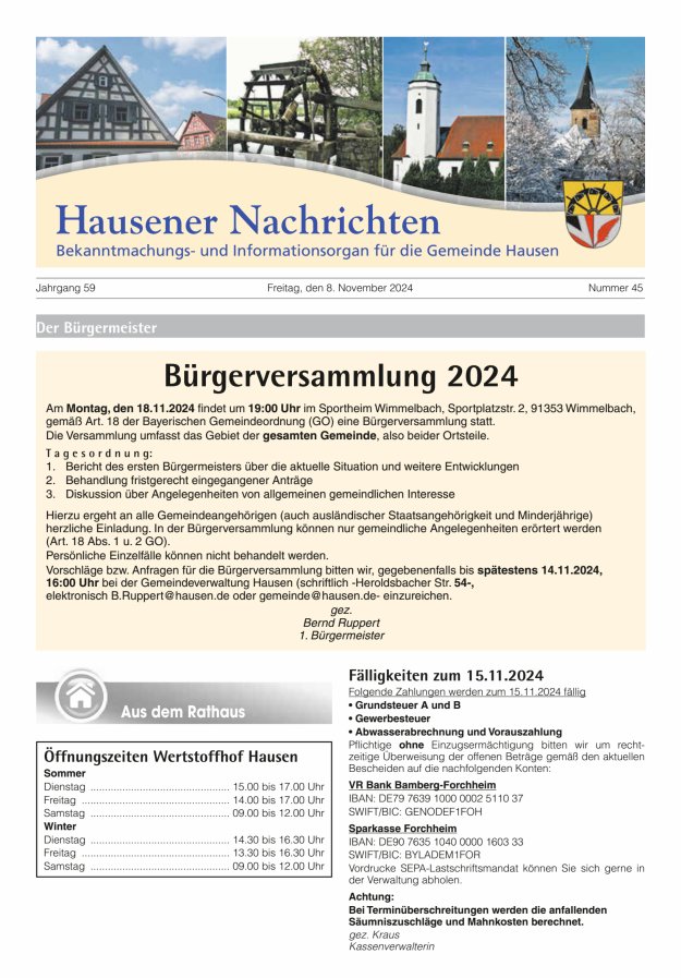 Hausener Nachrichten Titelblatt 45/2024