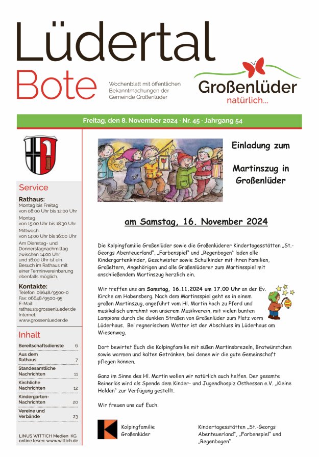 Wochenblatt mit öffentlichen Bekanntmachungen der Gemeinde Großenlüder Titelblatt 45/2024