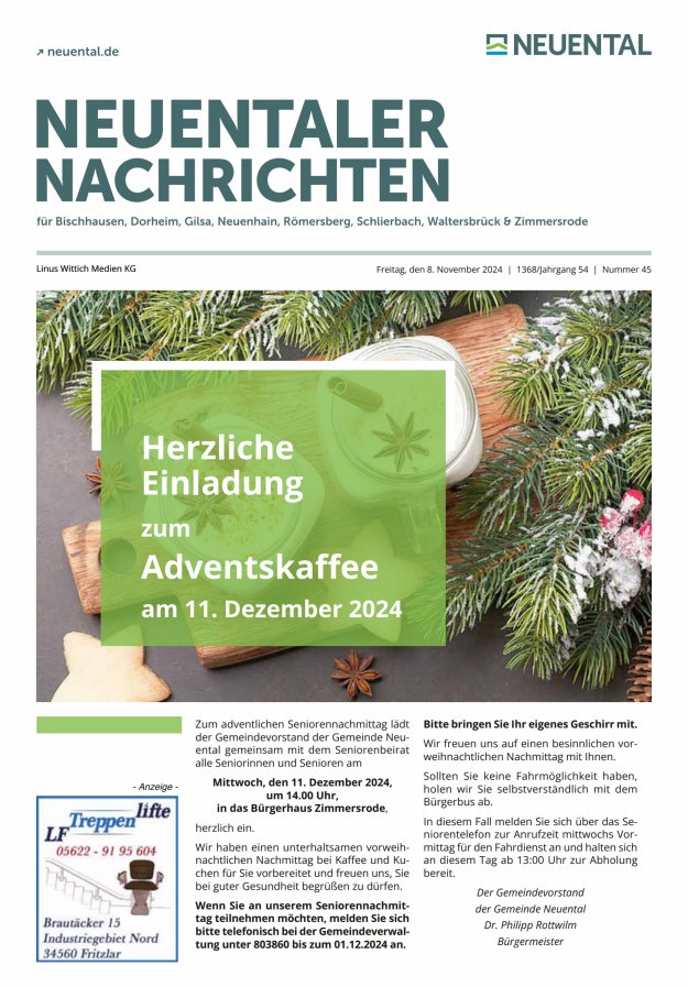 Neuentaler Nachrichten Titelblatt 45/2024