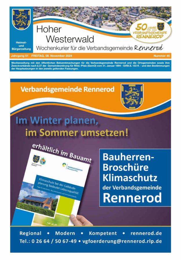 Hoher Westerwald - Wochenkurier für die Verbandsgemeinde Rennerod Titelblatt 45/2024