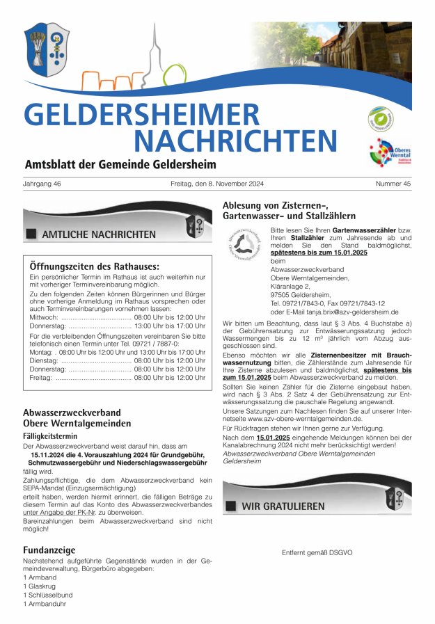 Geldersheimer Nachrichten Amtsblatt der Gemeinde Geldersheim Titelblatt 45/2024