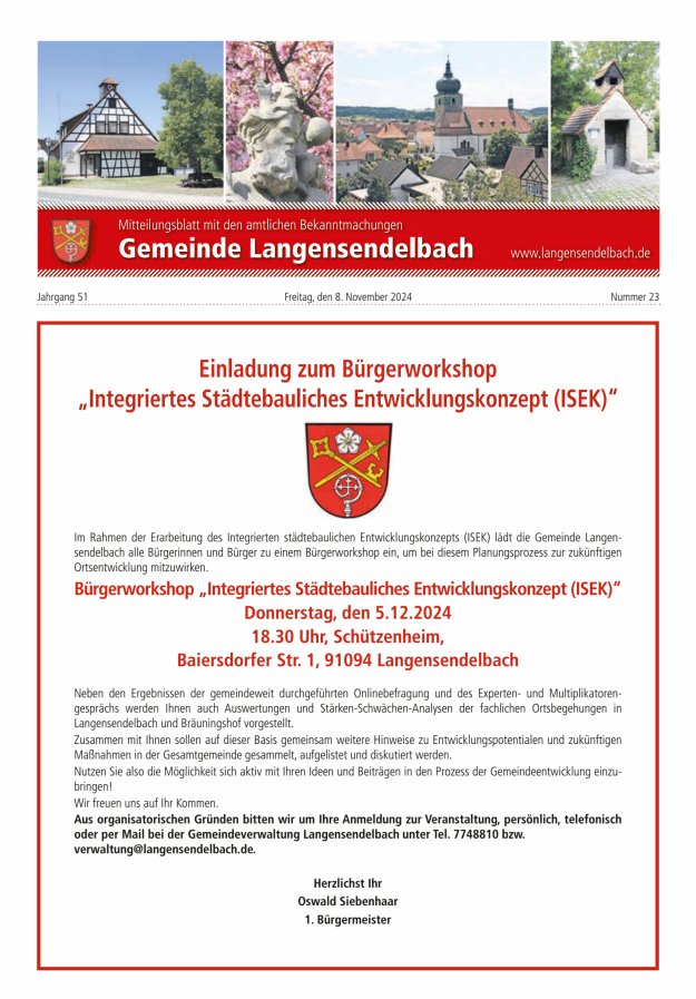 Mitteilungsblatt - Gemeinde Langensendelbach Titelblatt 23/2024
