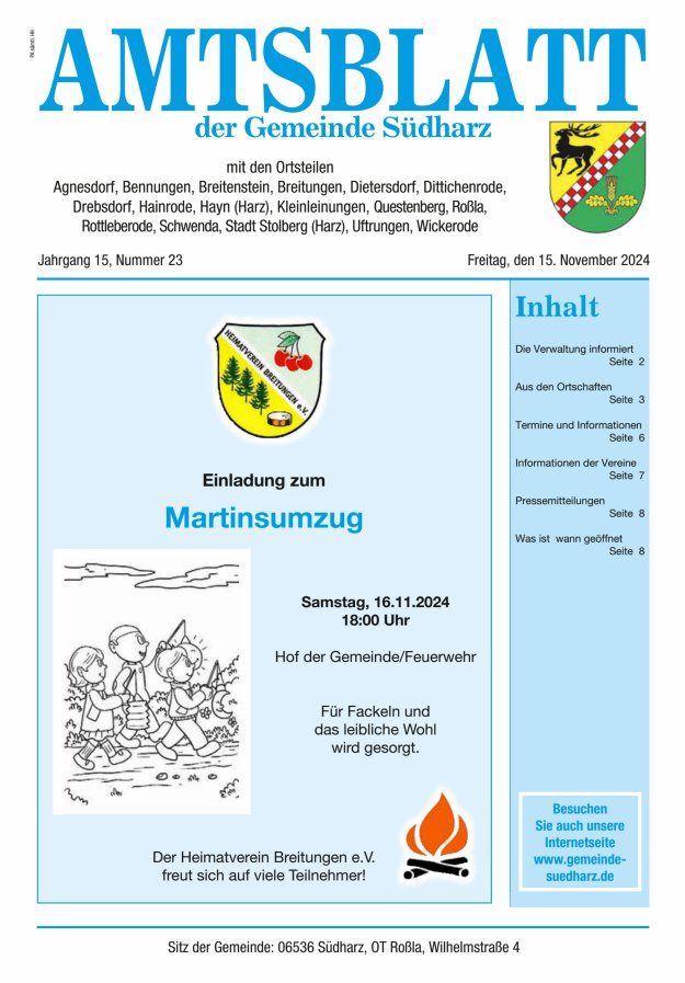 Amtsblatt der Gemeinde Südharz Titelblatt 23/2024